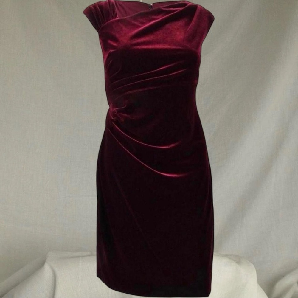 Ralph Lauren Burgundy wine Stretch-Velvet ruched textural soft Sheath Dress y2k